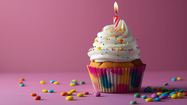 Gâteau de célébration avec bougie et éclaboussures sur rose