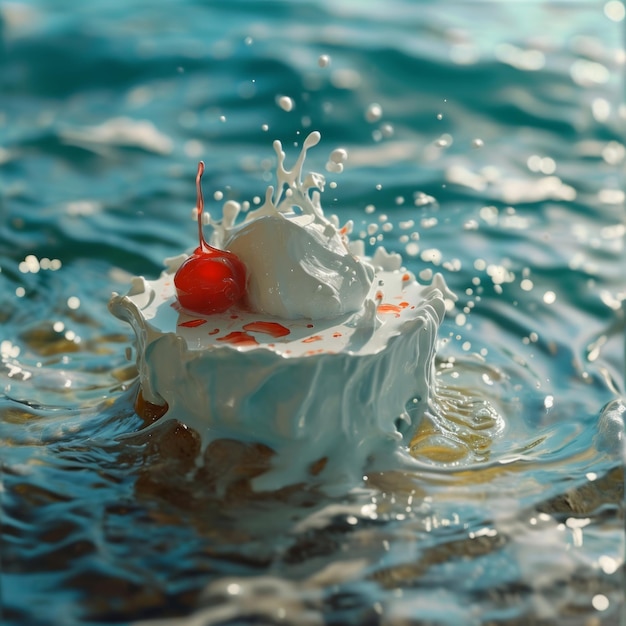 un gâteau avec une cerise sur le dessus dans l'eau