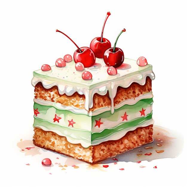 Gâteau avec des cerises et de la crème sur un fond blanc Illustration à l'aquarelle