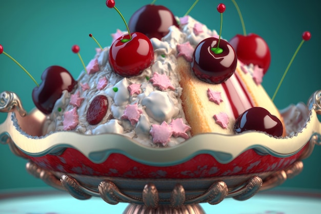 Un gâteau avec des cerises dessus et un fond bleu