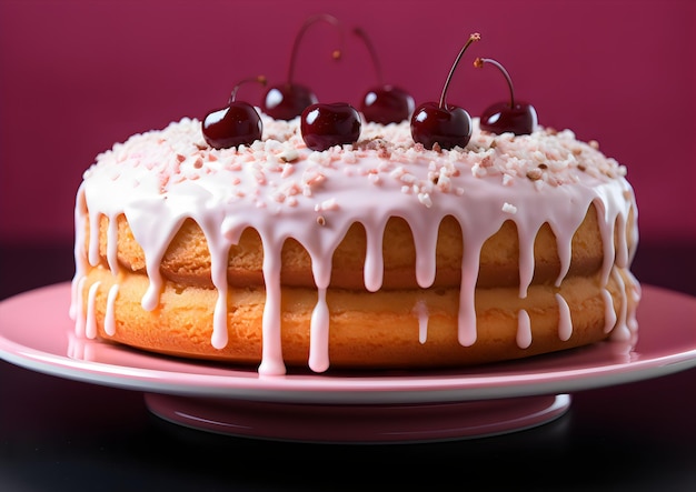 un gâteau avec des cerises dessus et un fond rouge