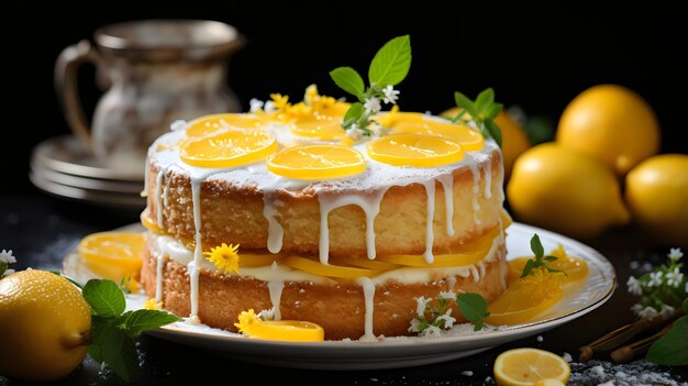 un gâteau avec des citrons et des tranches d'orange sur une assiette