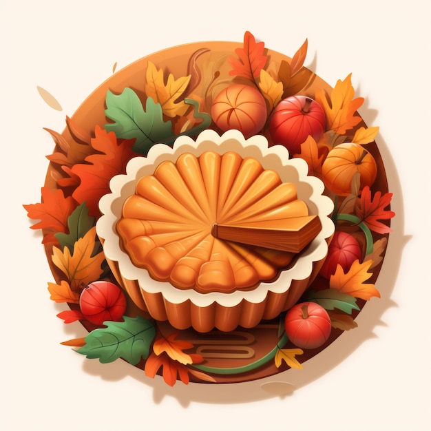 Photo un gâteau de citrouille de style dessin animé enveloppé de feuilles d'automne