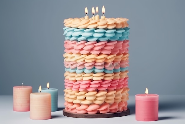 Un gâteau coloré avec des bougies sur une table Image AI générative Gâteau rétro de style Lambeth
