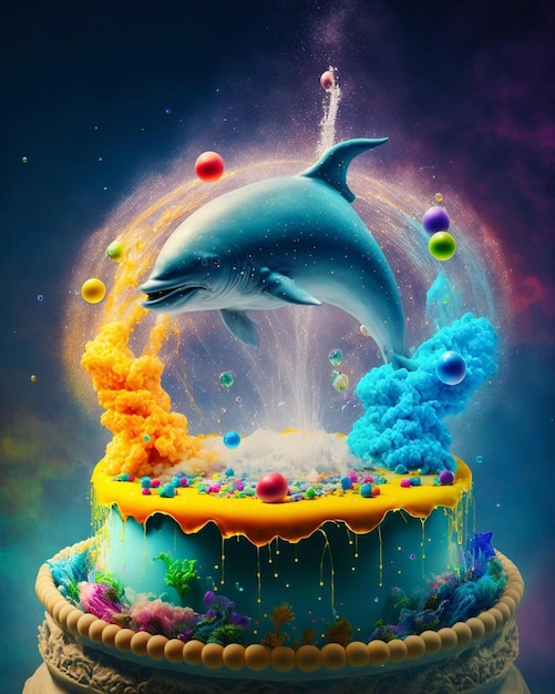 Un gâteau coloré avec un dauphin dessus