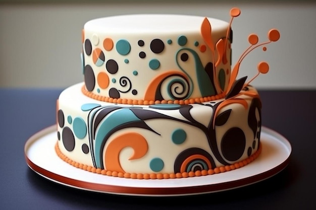 un gâteau coloré avec des fleurs orange et bleues dessus