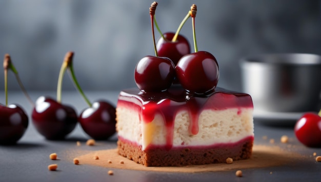 Photo gâteau de couche de cerise gros plan avec gâteau cerise sur le dessus sur table noire