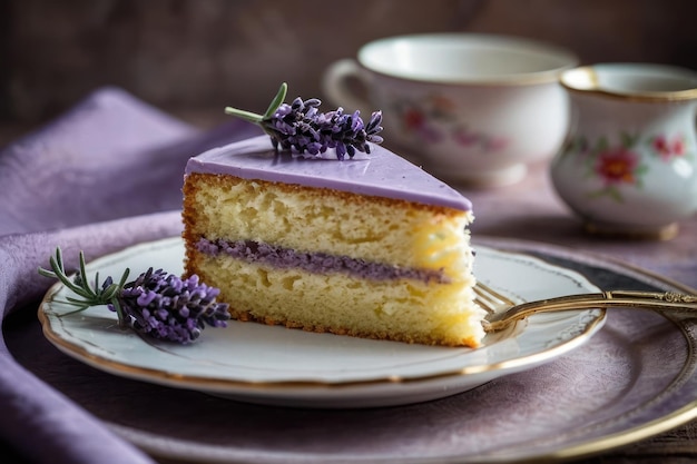 Photo gâteau en couche de lavande avec du thé