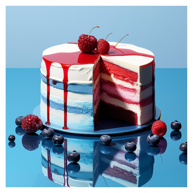 Un gâteau avec des couches rouges et blanches et des baies sur une surface bleue