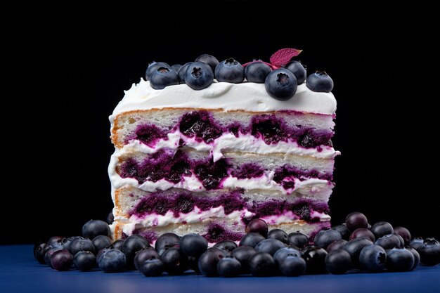 Un gâteau en couches surmonté de bleuets