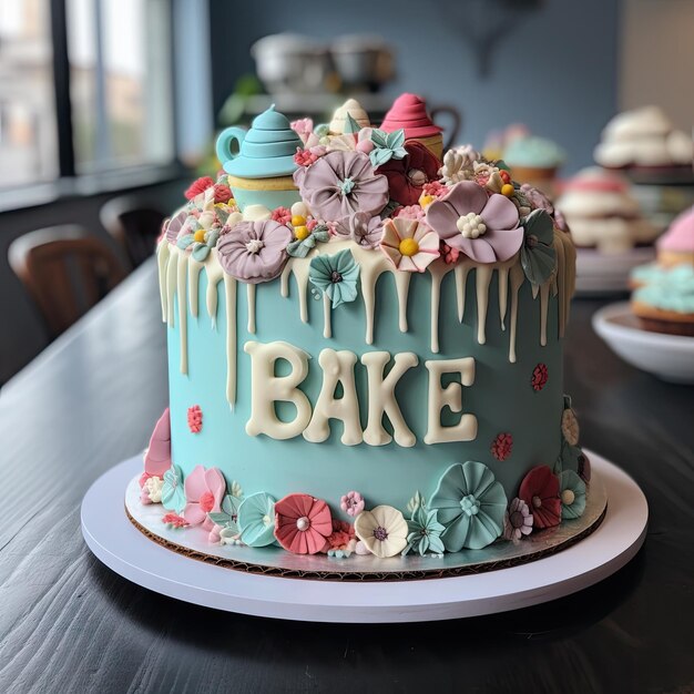 Un gâteau de couleur pastel avec un gâteau écrit dessus.