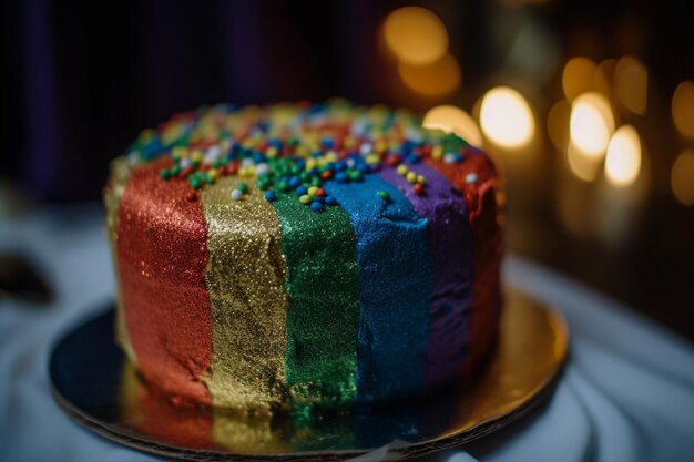 Un gâteau avec des couleurs arc-en-ciel dessus et le dessus a un arc-en-ciel dessus.