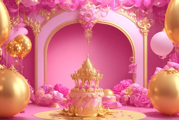 un gâteau avec une couronne et un fond rose avec des fleurs et une horloge