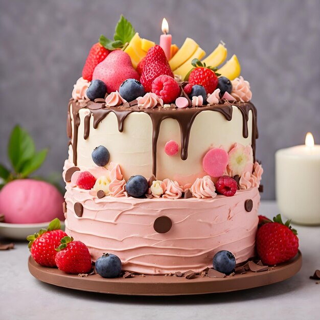 Gâteau à la crème d'anniversaire rose aux fruits et au chocolat
