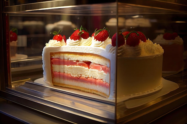 Gâteau à la crème aux fraises dans les pâtisseries de la boulangerie sur la fenêtre d'affichage