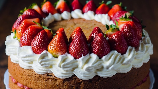 Un gâteau avec de la crème fouettée et des fraises.