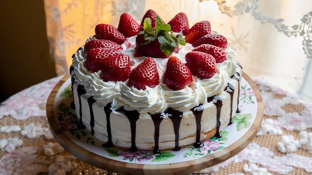 Un gâteau avec de la crème fouettée et des fraises.