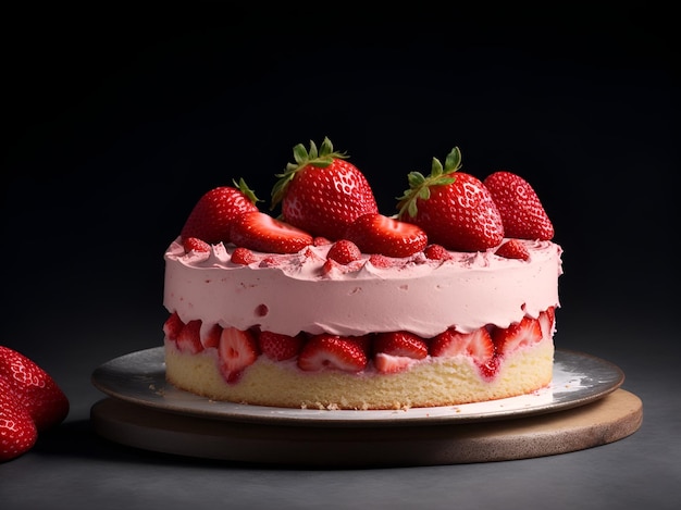 Un gâteau avec de la crème et des fraises en haut et au milieu sur un fond sombre