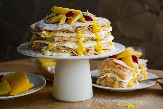 Gâteau à la crêpe à la mangue et au citron avec de la crème fouettée