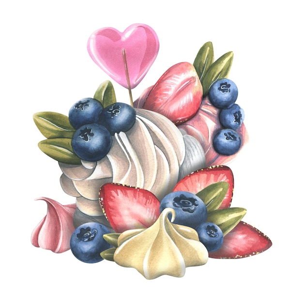 Gâteau cupcakes à la crème de myrtilles et de fraises avec une sucette en forme de coeur et des meringues Illustration à l'aquarelle Une composition d'un grand ensemble de SWEETS Pour la décoration et le design