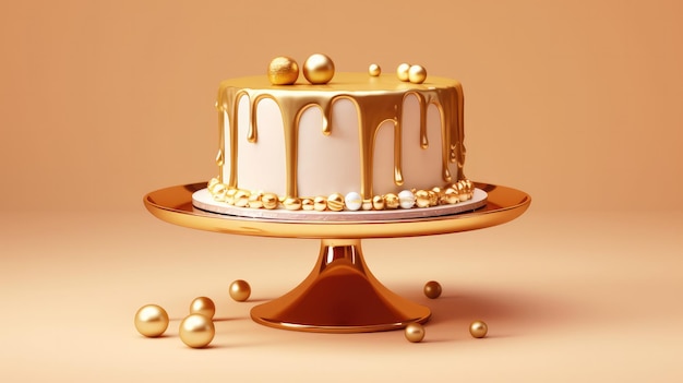 Un gâteau avec des décorations dorées sur un support avec des boules dorées dessus.