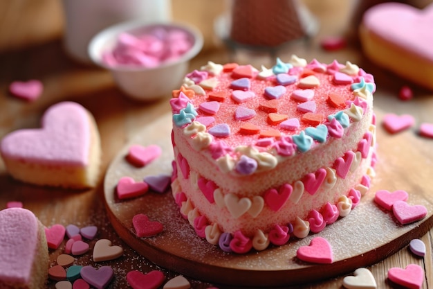 Un gâteau décoré de coeurs en sucre pour un anniversaire Fête des Mères ou Saint Valentin est présenté sur un plateau en bois...