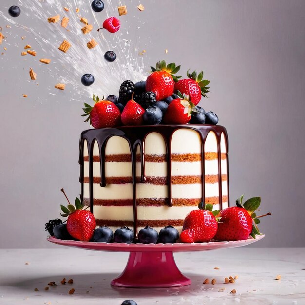 Un gâteau décoré de fête avec du glaçage et des fruits