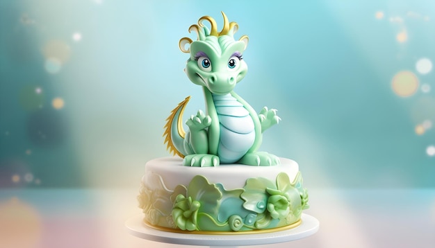 Gâteau décoré de mastic de confiserie en forme de dragon sur un fond clair