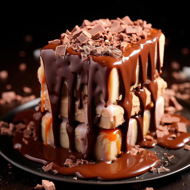 Gâteau dessert au chocolat et gaufre avec glaçage au chocolat