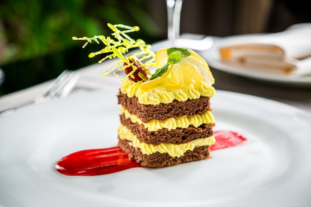 Gâteau dessert crème de fruits fruités sur une plaque