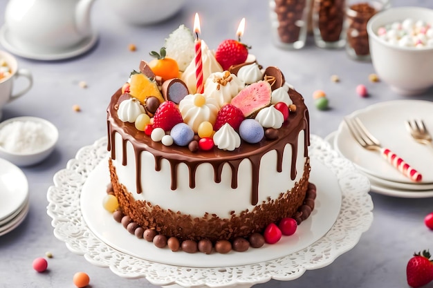 Un gâteau de dessert sucré avec des bougies recouvertes de chocolat noir et de fruits pour l'anniversaire des enfants