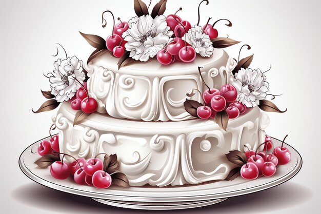 Photo un gâteau à deux niveaux de conception complexe orné de cerises et de fleurs de style monochrome sur une assiette cette image pourrait être utilisée pour un menu de boulangerie ou un livre de conception de gâteau de mariage