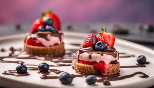 un gâteau avec du chocolat et des fraises s'assoit sur une assiette avec une fraise et des bleuets