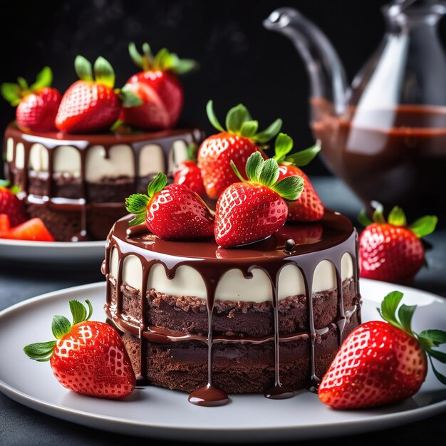 Un gâteau avec du glaçage au chocolat et des fraises.