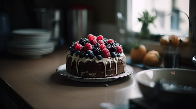 Un gâteau avec du glaçage blanc et des baies dessus