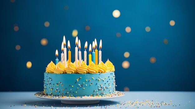 Un gâteau avec du glaçage bleu et des bougies d'anniversaire jaunes sur un fond bleu pour une fête d'annivernais