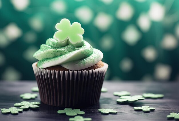 Un gâteau du jour de Saint Patrick avec du glaçage vert vif et des trèfles de bonbons et des chamois