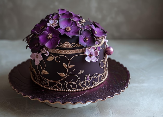 Un gâteau élégant avec des fleurs violettes