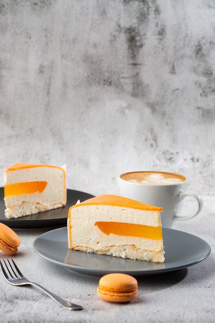 Gâteau élégant à la noix de coco, aux fruits de la passion, aux mangues et aux bananes, recouvert de glaçage au chocolat. Tranche de gâteau en couches orange sur fond de marbre. Fond d'écran pour pâtisserie ou menu de café. verticale.