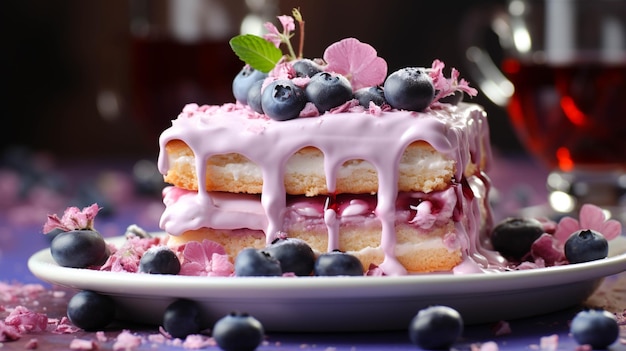 Gâteau éponge aux bleuets avec une composition dans un bol sur fond rose clair