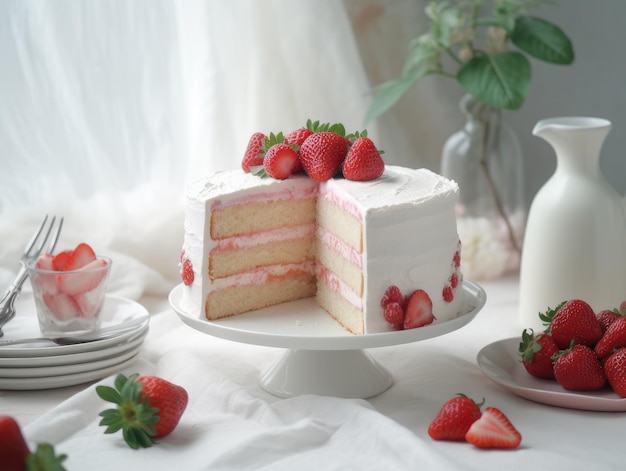 Gâteau éponge aux fraises avec des fraises fraîches Generative AI