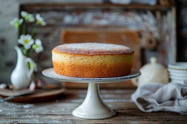 Photo un gâteau d'éponge classique fait maison sur une table de cuisine rustique