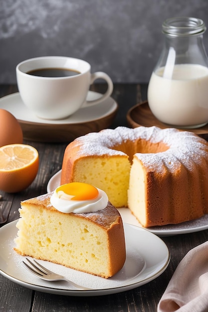 Un gâteau d'éponge rond ou un gâteau de chiffon fait maison sur une assiette blanche si doux et délicieux avec des ingrédients