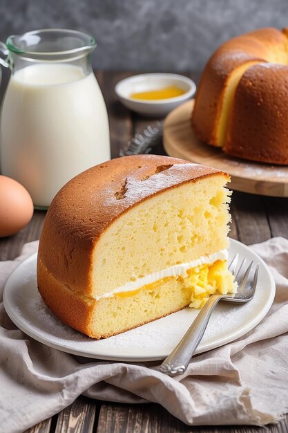 Un gâteau d'éponge rond ou un gâteau de chiffon fait maison sur une assiette blanche si doux et délicieux avec des ingrédients