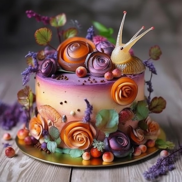 Un gâteau avec un escargot dessus