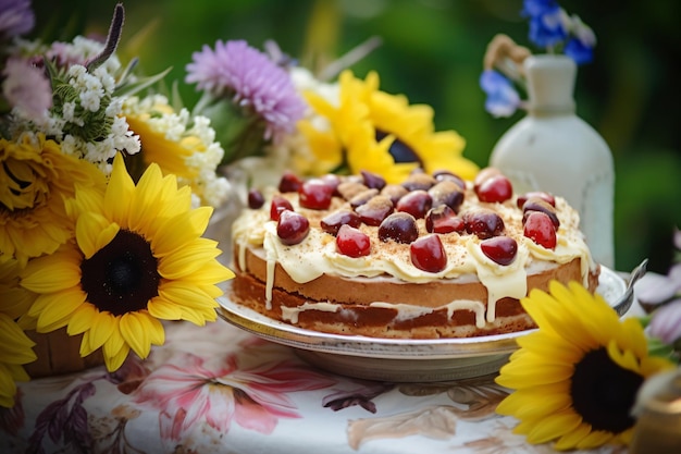 Un gâteau est posé sur une table dans un jardin