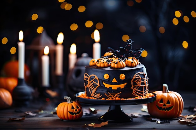 Gâteau à étages effrayant au chocolat pour Halloween, citrouilles décorées avec sourire IA générative