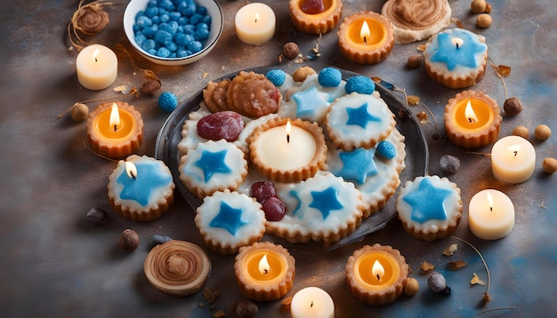 un gâteau avec des étoiles bleues et une bougie dessus