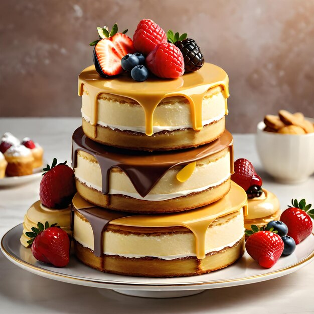 Photo gâteau fait maison avec des baies à la crème et du chocolat sur un fond clair