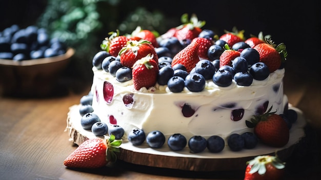 Gâteau fait maison avec des baies fraîches sur un fond en bois Mise au point sélective AI générative